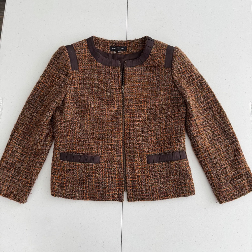 Tweed Blazer Women Small Jones New York Brown Wool Blend Zip Up Academic Jacket